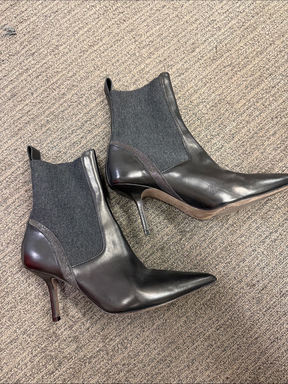 Brunello Cucinelli Black Leather Pointed-Toe Chelsea Booties